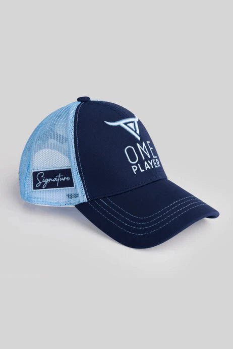 Unisex Blue Trucker cap, has a visor by One Player